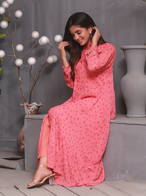 Floral Printed Pink Chiffon Max Frock