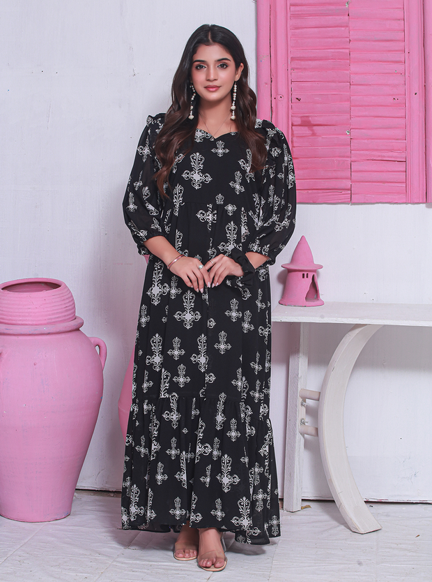 Black Rose Printed Chiffon Frock Dress