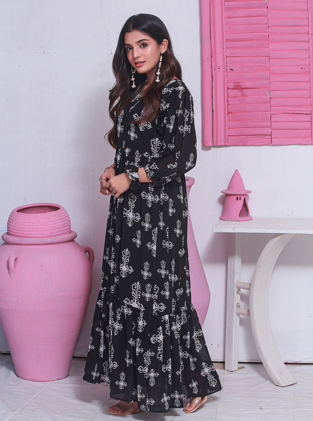 Black Rose Printed Chiffon Frock Dress