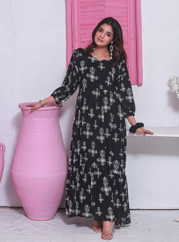 Black Rose Printed Chiffon Frock Dress