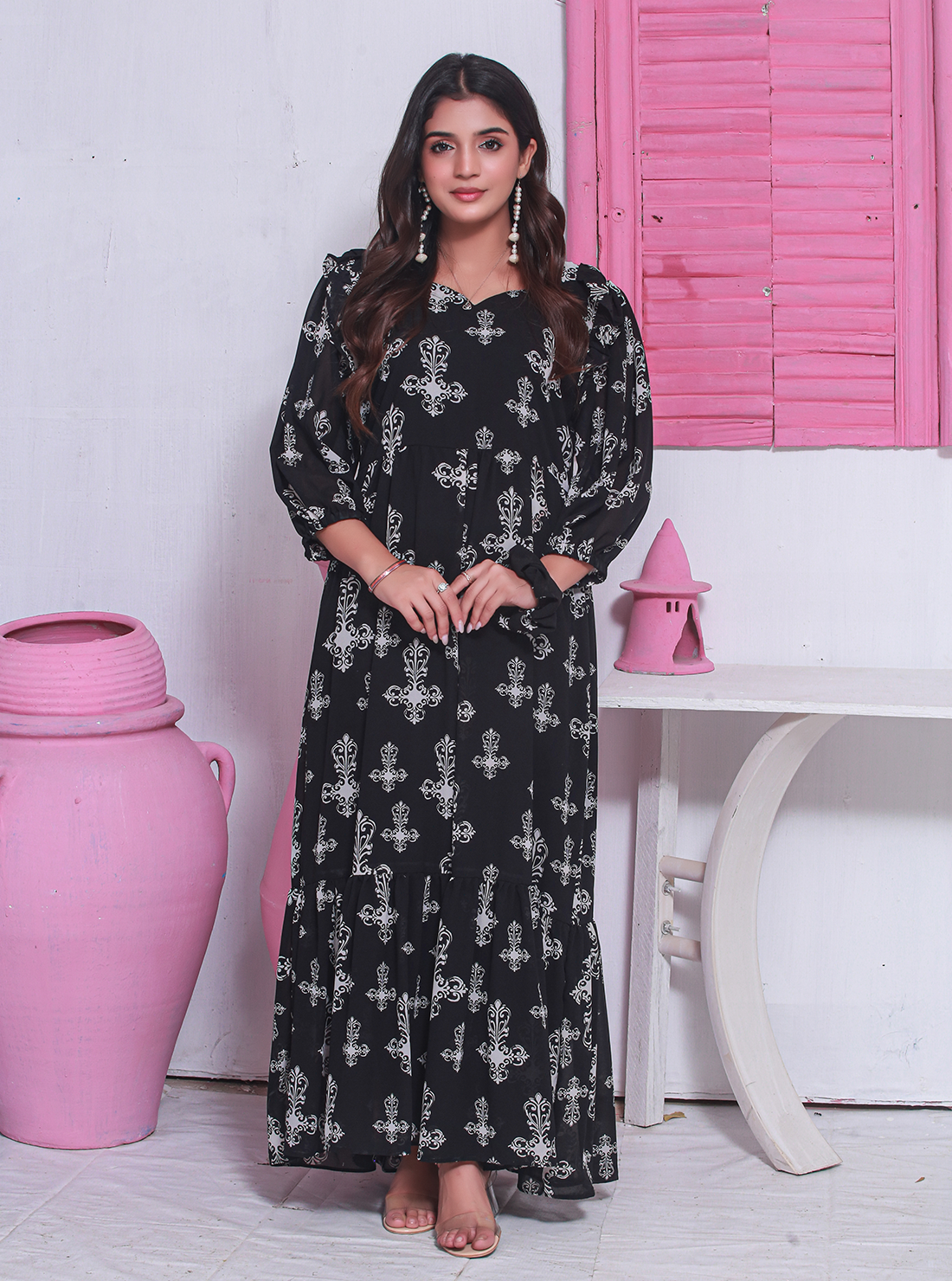 Black Rose Printed Chiffon Frock