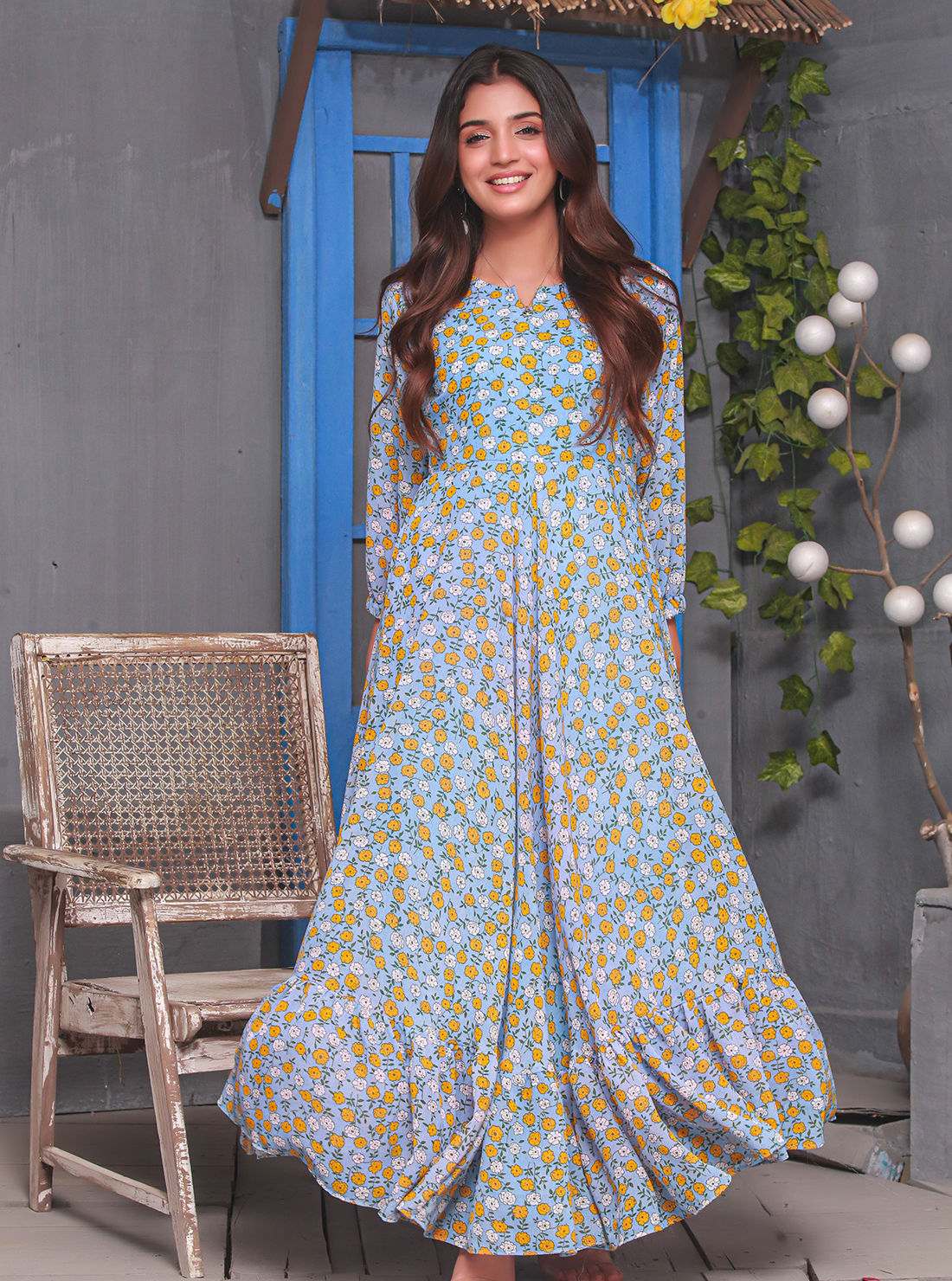 Blue floral printed chiffon frock