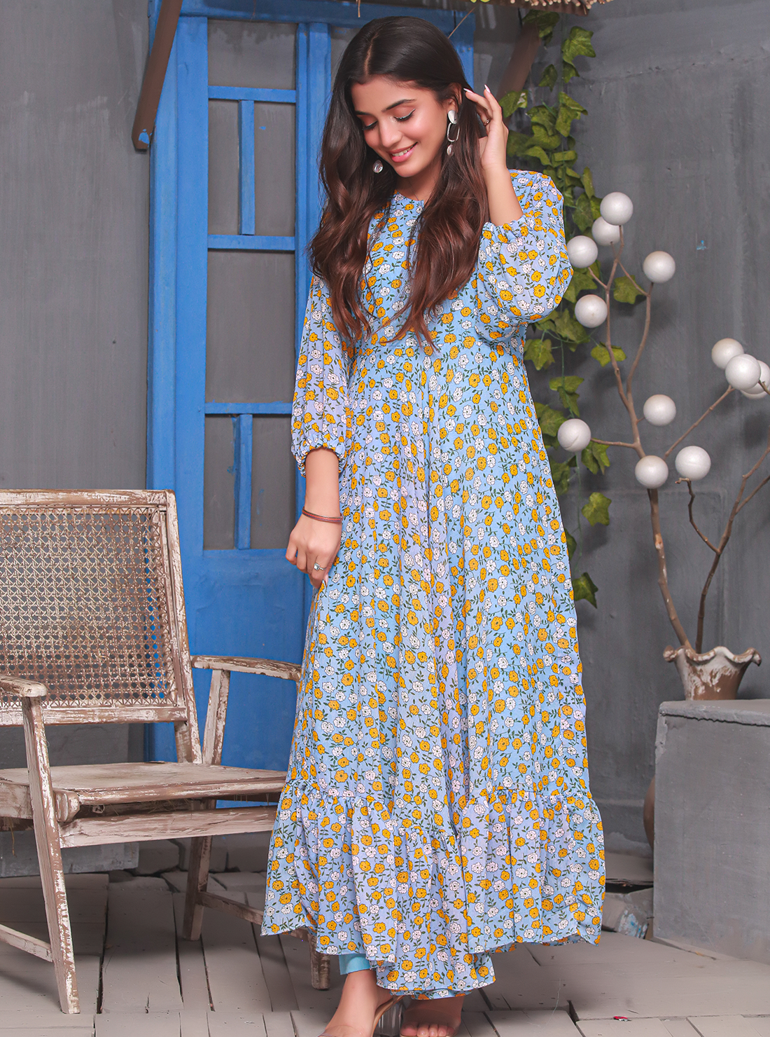 Blue floral printed chiffon frock