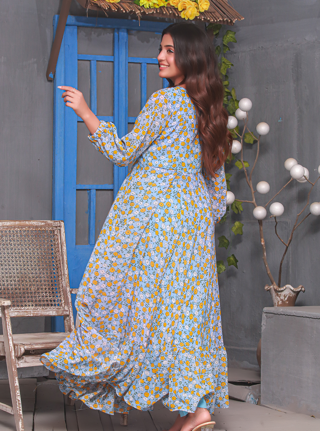 Blue floral printed chiffon frock